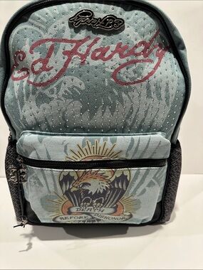 NWT Ed Hardy Death Before Dishonor Large Laptop Backpack with side Pockets.